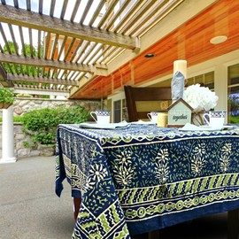 Sweet Us Chiara Floral Cotton Block Print Tablecloth Rectangle and One Plain Napkin, Floral Kitchen Dining Table Cloth, Table Cover for Indoor and Outdoors, Nature's Serenade, 58 x 88 in