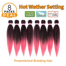 Pre-stretched Braiding Hair 20 Inch 8 Packs Professional Hot Water Setting Yaki Straight Synthetic Braiding Hair for Twist Crochet Braids (#1B/Pink)