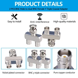 TUOLNK 2PCS BNC Male to Dual BNC Female 3-Way RF Coaxial Connector BNCY Scoop Litter Adapter for Coax Cable Security Camera BNC Male to 2BNC Female Y Triple Coax Adapter
