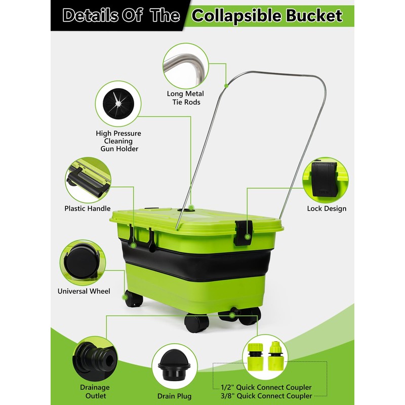 Collapsible Bucket 5.8 Gallon 22L with Wheels Handle Drain Plug
