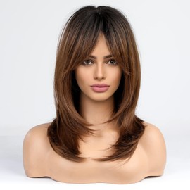 Alanhair Ombre Brown Wigs for Women,HAIRCUBE Long Layered Wigs with Bangs Heat Resistant Synthetic Fibre Wigs