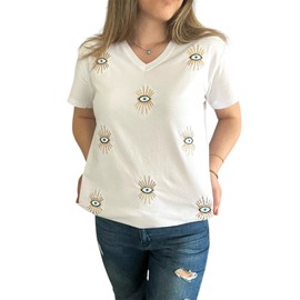 Evil Eye Tshirt - Ultra Soft%100 Organic Cotton Turkish Protection Nazar Sequin Blouse for Women - Greek Charm White (US, Alpha, Medium, Regular, Regular, Small, White)