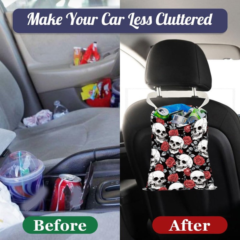 DELORIGIN Skull Rose Print Car Trash Bag Hanging Garbage Bag