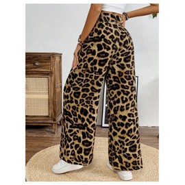 SweatyRocks Women's Leopard Print High Waisted Wide Leg Pants Casual Long Trousers Brown Small