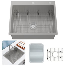 Grey Stainless Steel Kitchen Sink, 27 x 22 Inch Size Drop In Style Single Bowl Top Mount Kitchen Sink Set - SS Grid, Silicone Mat And Drain Assembly For Modern Stylish and Functional