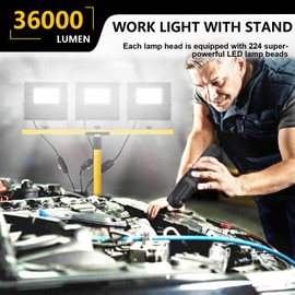36000 Lumen Work Lights with Stand, 3 Adjustable Head LED Work Light with Adjustable and Foldable Tripod Stand, IP67 Waterproof Lamp Individual Switch with 16FT Cord for Outdoor Construction Lighting