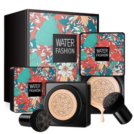 Air Cushion CC Cream Flawless Colour Changing Foundation Makeup Base BB Cream Warm Skin Tone Nude Face Moisturising Full Cover Concealer Long Lasting (Mushroom Shape) Puff (Natural) Pack of 2