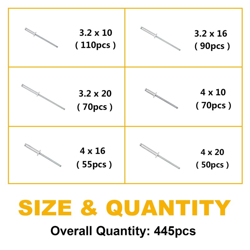Knpwer Pack of 445 Aluminium Blind Rivets, 6 Sizes Pop