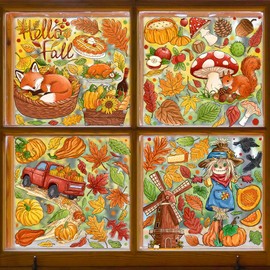 KAHSHEEN Fall Window Clings Decorations - Leaves Pumpkin Scarecrow Autumn Clings for Glass Windows, Double Sided Reusable Window Stickers, Cute Large Thanksgiving Harvest Window Decals-184 PCS/9 Sheet