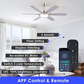 Ceiling Fans with Light, 52in Low Profile Ceiling Fan with Light and Remote/App Control, Flush Mount,Super Brigt LED,3CCT,Dimmable, Reversible, Noiseless for Bedroom Kitchen Brushed Nickel