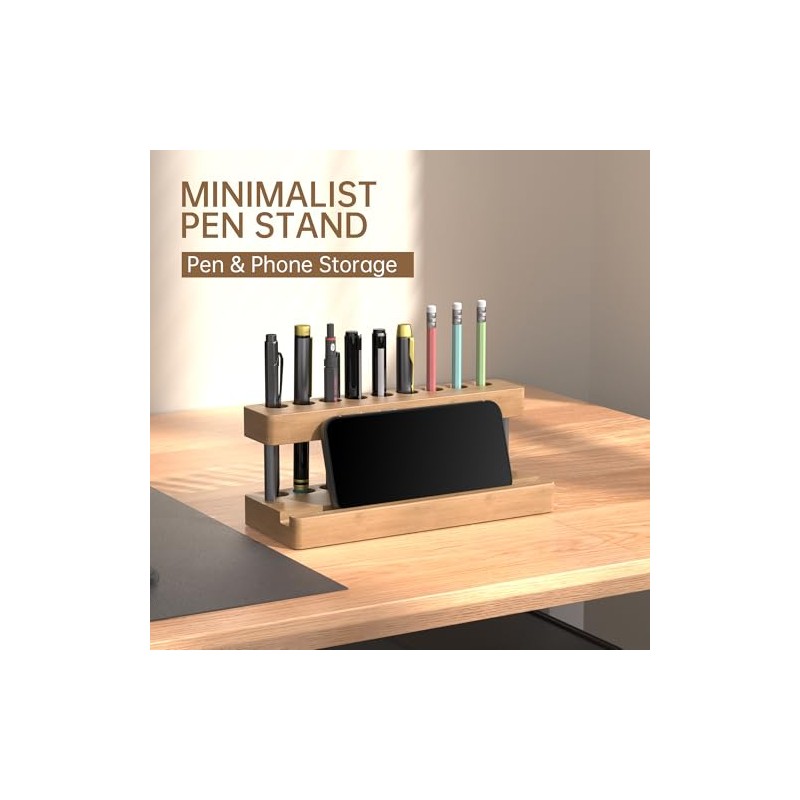 Elegant Solid Wood Pen Holder with Phone Compartment