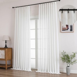 Ftinala Off White Pinch Pleated Sheers 90 Inch Curtains 2 Panels Set Custom Long, Linen Look Light Filtering Drapes for Living Room, Textured Window Treatments with Hooks & Rings & Back Tab