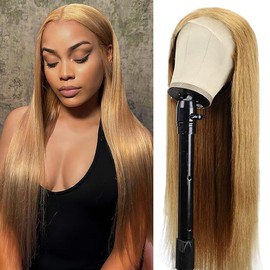 Lakaisa Human Hair Straight Human Hair Wig 4 x 1 Lace #27 Blonde Glueless Wear and Go Wig Women's Real Hair Pre Bleached Knots Pre Plucked with Baby Hair for Woman 34 Inches