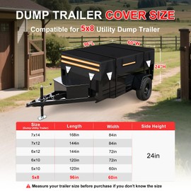 SKYJDM 5 x 8 Waterproof 600D Dump & Utility Trailer Cover, Heavy Duty Windproof Dump Trailer Covers All-Weather Protection with Windproof Ropes Fits 5 x 8 FT