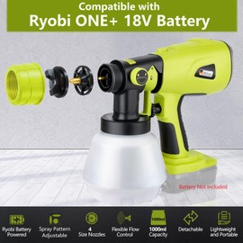 GRVODFRTA Cordless Paint Sprayer Compatible with Ryobi One 18V Battery 1000ml Capacity HVLP Spray Paint Gun 3 Patterns and 4 Nozzles for Wall Fence Furniture House Painting(Battery Not Included)