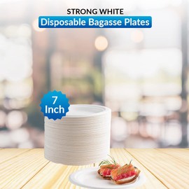 1ABOVE 50 Pack Extra Strong White Disposable Bagasse Plates, 100% Compostable and Biodegradable, Made from Sugarcane Fibre, Perfect for BBQ, Wedding, Office, Picnics and Parties (7 INCH)