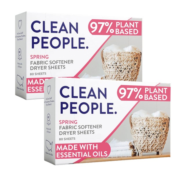 Clean People All Natural Fabric Softener Sheets - Plant-Based, Eco Friendly Dryer Sheets - Naturally Softens & Removes Static Cling - Vegan Laundry Softener With Essential Oils - Spring Scent, 2 x 80 Packs