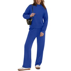 WIHOLL 2 Piece Sets for Women Dressy Cozy Lounge Sets Fall Clothes Vacation Travel Airport Outfits Sweat Sets High Neck Old Money Matching Sets Ladies Tops Conjuntos De 2 Piezas Para Mujer Blue 2XL
