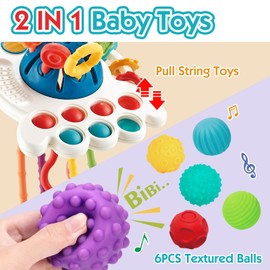 Qizebaby Montessori Toys for Babies,UFO Shape Colorful Pull String Teether Toy，Soft Teething Sensor Balls Sets，2 in 1 Baby Sensory Toys for 6-12 Months，Fine Motor Skills Toys for Toddlers Boy Girl 1-3