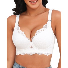 YAEHOL Push Up Lace Bra for Women Underwire Plus Size Comfortable Brassiere(White,36DD)