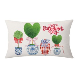 AOFANGGO Valentines Day Pillow Cover 12X20 Inch Chinoiserie Pot Green Heart Red Bow Tree Love Decor Holiday Farmhouse Pillow Case Gifts Decoration for Home Sofa Couch