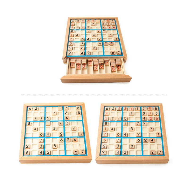 Wooden Sudoku Board Game with Drawer 81-Grid Chessboard Educational Puzzle