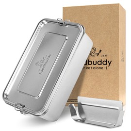 Foodbuddy® Premium Silk Gloss Stainless Steel Lunch Box 1400 ml Lunch Box with Divider and Great Recipes Leak-Proof Bento Box Children's Lunch Box