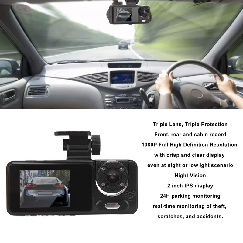 1080P Dash Cam with Triple Lens 2 Inch IPS Display