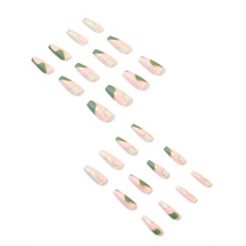 DANMANR Long Press on Nails Square French Fake Nails Full Cover Nude Acrylic False Nails for Women and Girls 24PCS (Green Coffin)