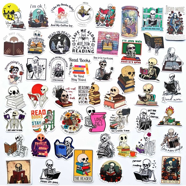 50Pcs Funny I Love Reading Stickers Cute Skeleton Reading Inspiring