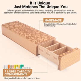 OYTKWU Wooden Weekly Pill Organizer 1 time a day -daily pill box 7 day, travel-friendly, safe travel 7 day pill box, Travel Pill Case perfect for tracking weekly medication box(Beech)