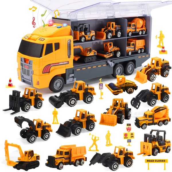 CUTE STONE 25 in 1 Construction Trucks Push and Go Car Carrier Truck Toy, Play Vehicles with Sounds and Lights, 12 Mini Diecast Trucks Included