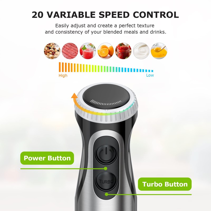 Bonsenkitchen Immersion Handheld Blender with Whisk, 20-Speed & Turbo Mode