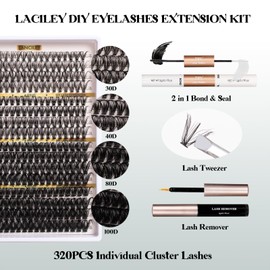 Cluster Lashes 320PCS Fluffy Individual Eyelashes 30D+40D+80D+100D Lash Extension Kit 12-20MM Natural Lash Clusters DIY Eyelash Extension Kit with Lash Bond and Seal Lash Tweezers-30+40+80+100D