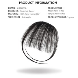 SHEDOWIG Wispy Clip on Bangs 100% Human Hair Extensions Curved Fringe Hairpiece for Women's Daily Wear Norm Black