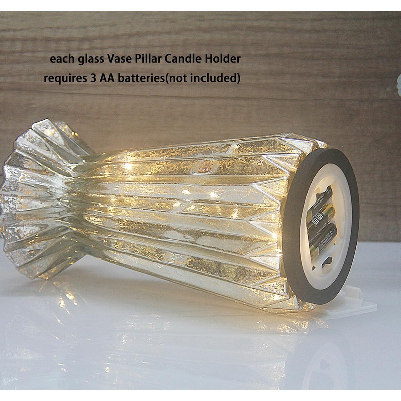 CFDECOR Mercury Glass Pillar Candle Pedestal Holders with Fairy Lights,