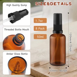 8 Pack Amber Glass Pump Bottle Empty Refillable Lotion Dispenser Container Travel Pump Bottles for Lotion Cream Essential Oils (50ml/1.7oz)