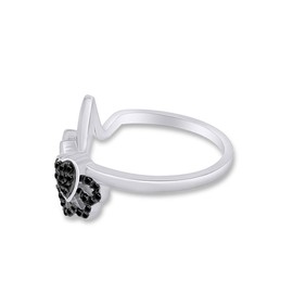 Round Shape Black Diamond Paw & Heartbeat Promise Ring 14K White Gold Over Sterling Silver (0.1 Cttw)