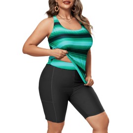 Tankini de talla grande con pantalones cortos, traje de baño de dos piezas para mujer, parte superior con control de abdomen y bolsillos, Raya verde, 16 Plus