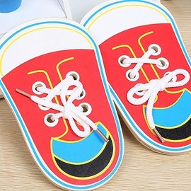 BWESOO 2 PCS Red Shoes Learning Toy Kits Learn to Tie Your Own for Kids Practical Learning Toys for Young Children Training Board Kids Toddler Early Wooden Threading Lacing Shoes Craft Kits