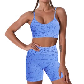 Conjunto de yoga sin costuras para mujer, 2 piezas, brasier deportivo de entrenamiento con pantalones cortos de cintura alta, traje de leggings JNINTH, Ola Azul, XL
