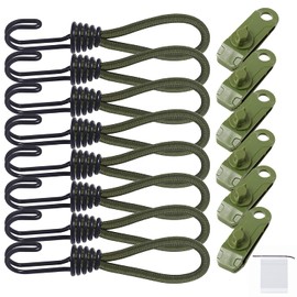 Stretch Cord, Tent Tarp Parts, Tent Clip, Tension Line, Twin Hook, Tarp Clip, Strong, Fixed, Easy Installation, Rope Hook, Tent Hook, Tent Accessories, For Camping, Windproof, Setup, Storage Bag Included (Green - 15 Sets)