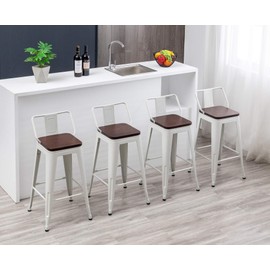 Modern Industrial Metal Barstool Counter Height Stools[Set of 4] Dining Chair (30", Low Back White Wooden Seat)