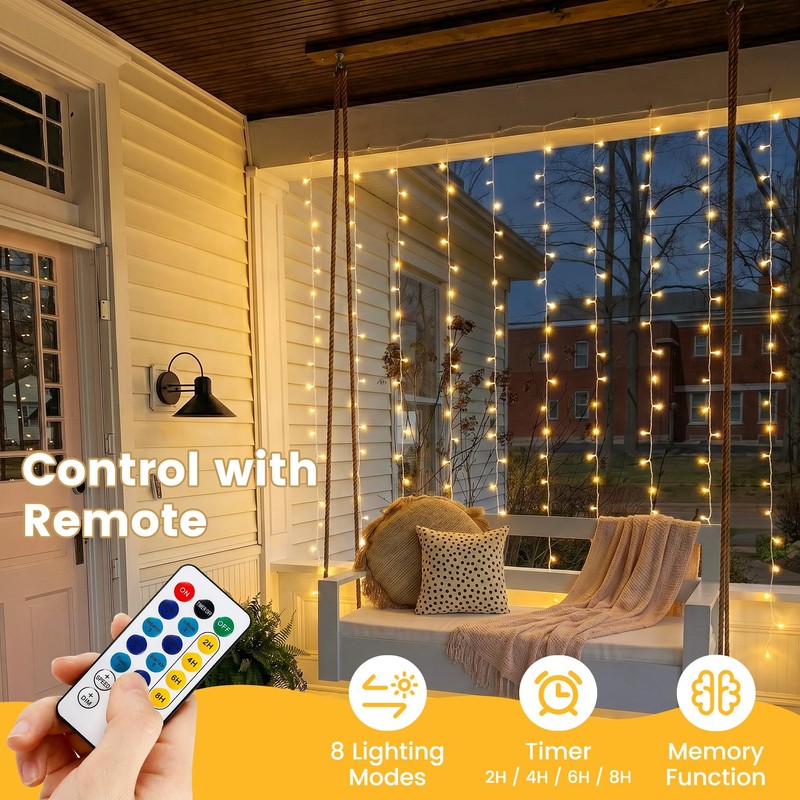 HEYFUNi 6.6FT x 6.6FT Warm White Curtain Lights Plug in,