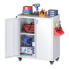 JAORD Metal Storage Cabinet on Wheels, Lockable Rolling Tool Cabinet with Wheels&Pegboard&Pushing Hand for Office Home Warehouse Tool Industrial, Assembly Required, White