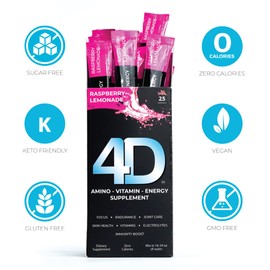 4D Clean Energy Drink Mix + Electrolytes + Immune Support + MultiVitamins + Joint and Skin Support (Raspberry Lemonade Flavor, 25 Pack)