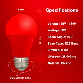 U4GLORY LED Red Color Light Bulb - A19 E26 Base Red Bulbs, 9W (60W Equivalent) Color Light Bulbs, LED Bulb Suitable for Outdoor, Indoor, Bedroom, Party Decoration, Porch, Christmas, 4 Pack