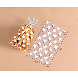 JHere 100 Pack Polka Dot Candy Bags with 100Pcs Gold Metallic Twist Ties, Clear Plastic Treat Bags for Cookie Candy Snack Gift Wrapping Party Favor - 5.1'' by 8.2'' by 1.5'' (White star)