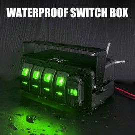 FXC 4 Gang Aluminum Rocker Switch Panel Green Backlit with PD Type C and QC 3.0 USB Charger Voltmeter Waterproof 12V 24V DC Rocker Switch Box for Car Trucks Boats RVs