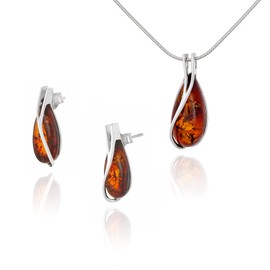 AMBEDORA Small Women's Jewellery Set Amber 598, Pendant with Necklace and Earrings, Baltic Amber, 925 Sterling Silver, Gift Idea, Sterling Silver, Amber